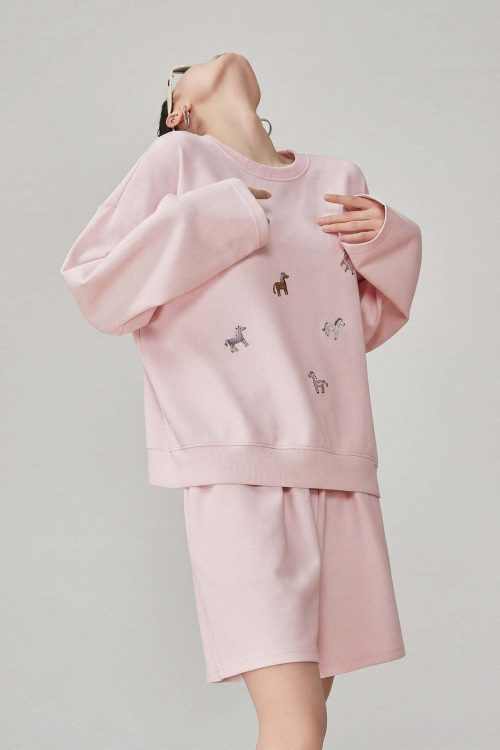 Pony Embroidered Long Sleeve Sweatshirt / Loose Shorts