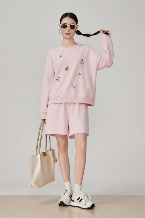 Pony Embroidered Long Sleeve Sweatshirt / Loose Shorts