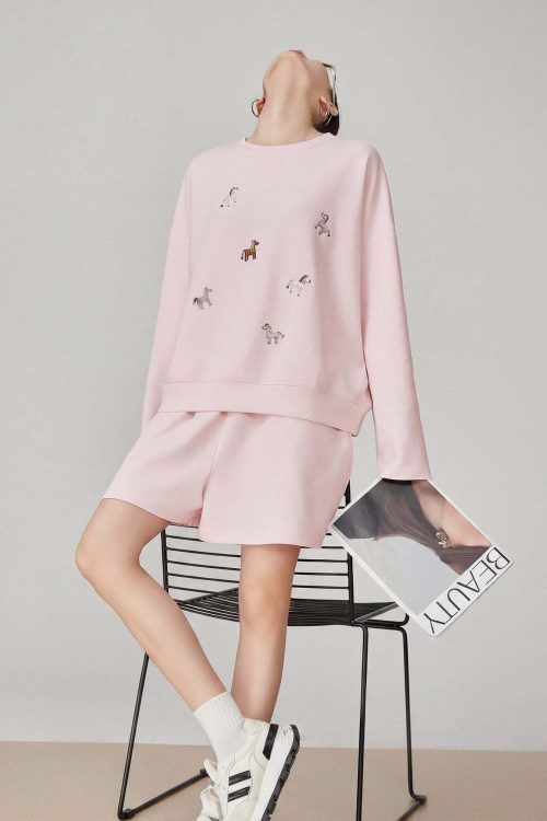 Pony Embroidered Long Sleeve Sweatshirt / Loose Shorts