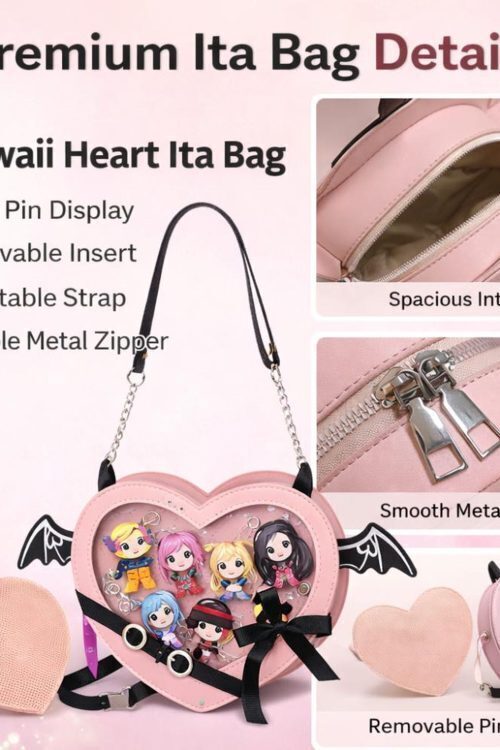 Purple Kawaii Gothic Ita Crossbody Bag with Clear Window for Pin Display