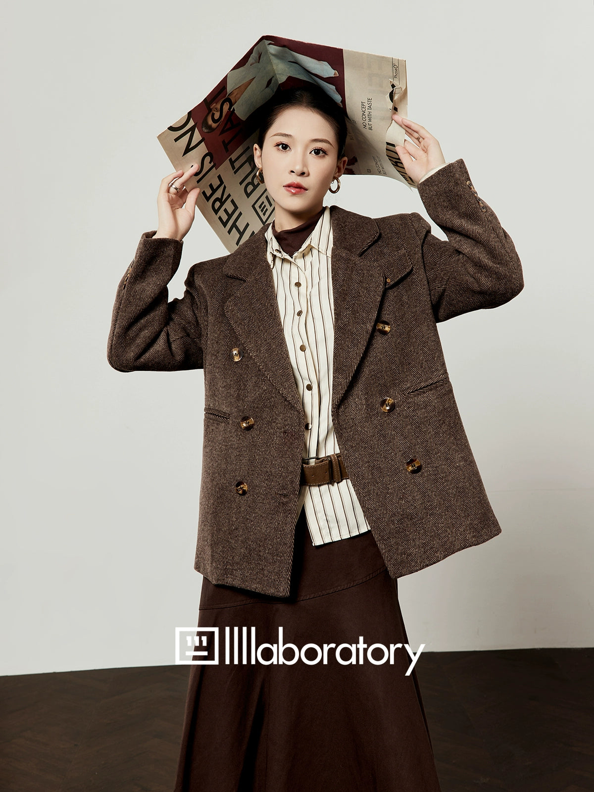 Retro Autumn Jacket / Striped Shirt / Brown Asymmetrical Skirt