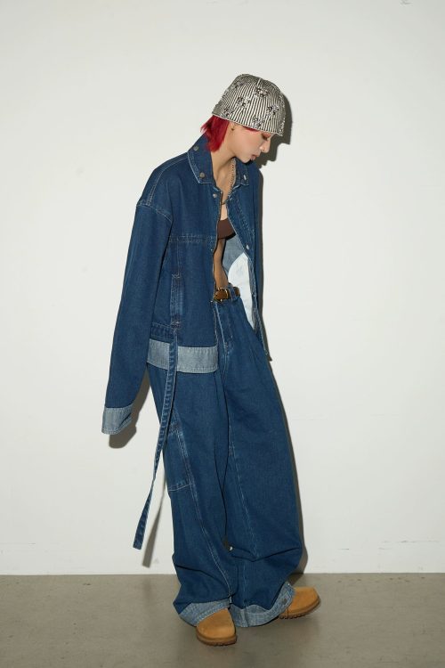 Retro Blue Denim Jacket / Wide Denim Pants