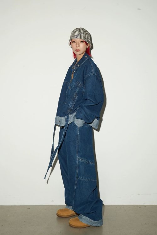 Retro Blue Denim Jacket / Wide Denim Pants