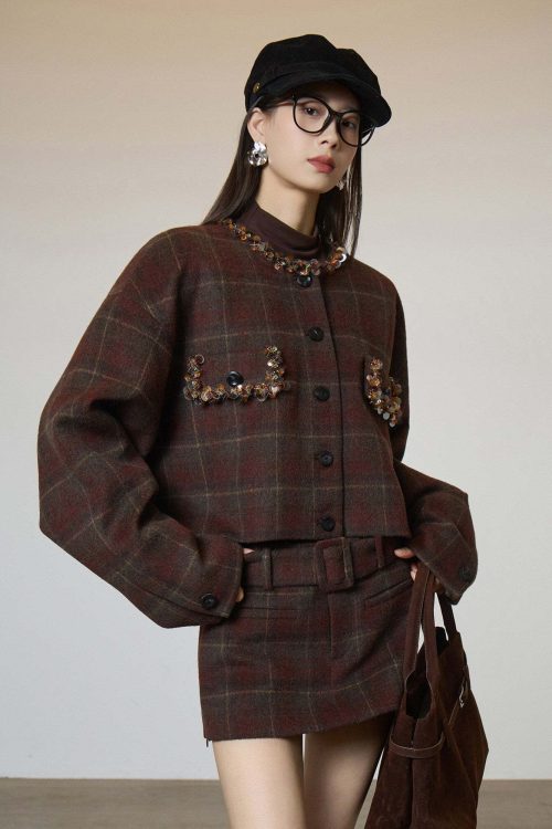 Retro Plaid Collarless Jacket / Mini Skirt