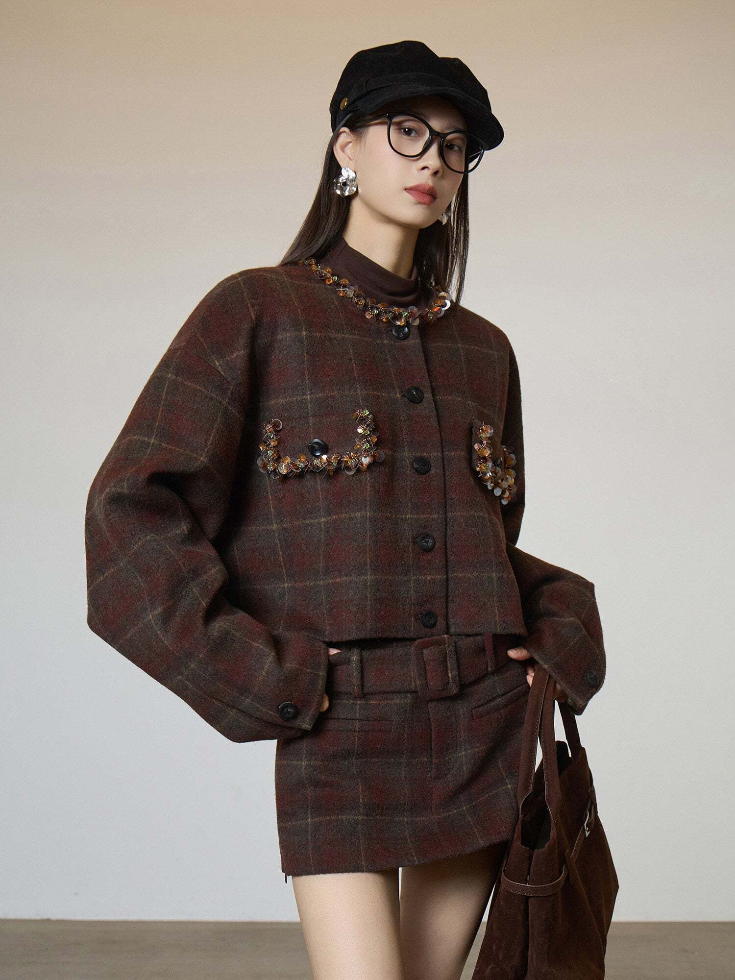 Retro Plaid Collarless Jacket / Mini Skirt