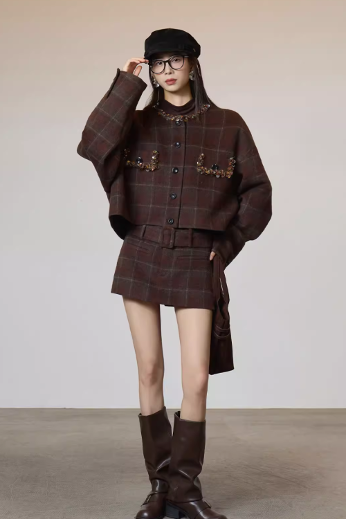 Retro Plaid Collarless Jacket / Mini Skirt