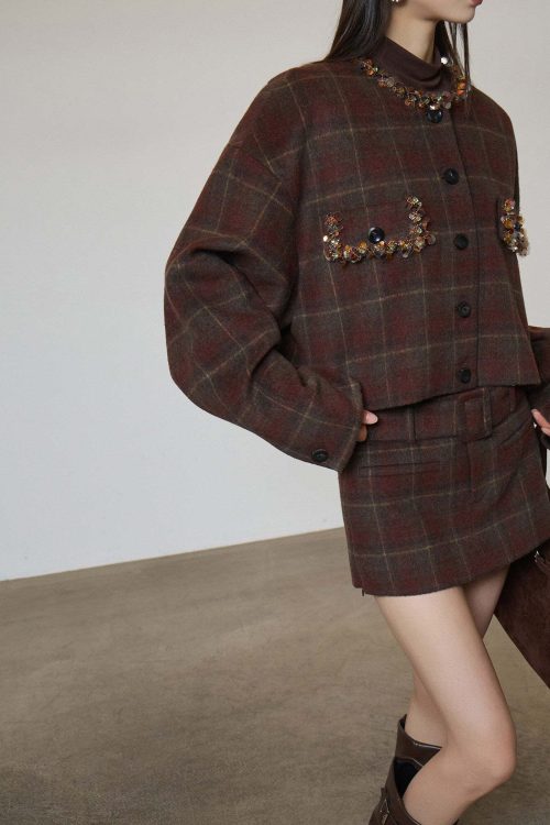 Retro Plaid Collarless Jacket / Mini Skirt