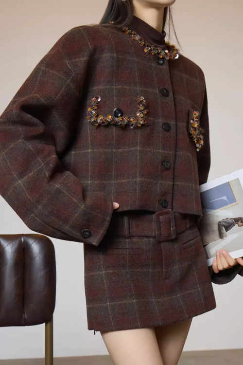 Retro Plaid Collarless Jacket / Mini Skirt