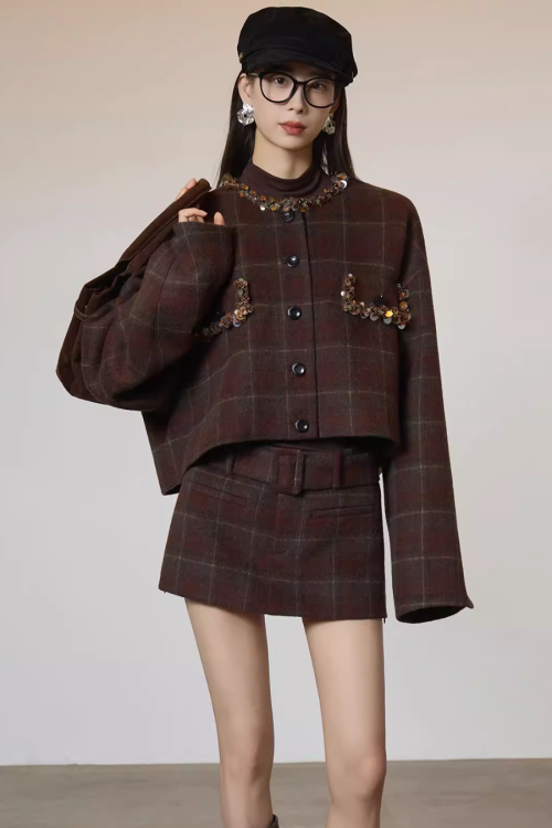 Retro Plaid Collarless Jacket / Mini Skirt