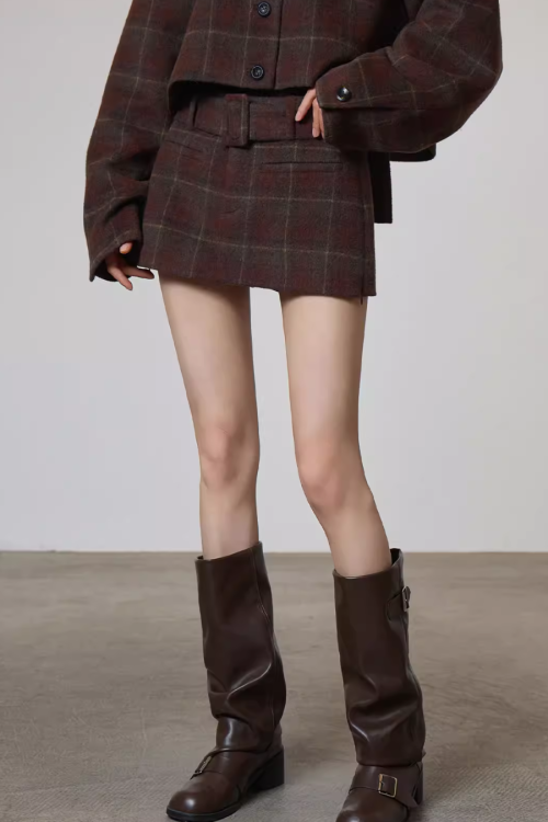 Retro Plaid Collarless Jacket / Mini Skirt