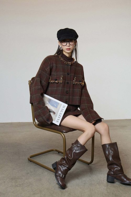 Retro Plaid Collarless Jacket / Mini Skirt