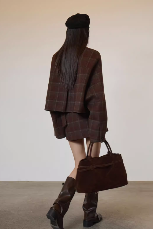 Retro Plaid Collarless Jacket / Mini Skirt