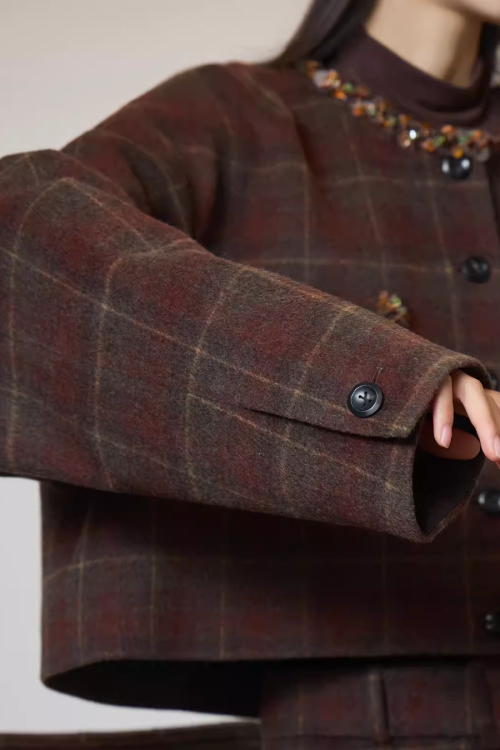 Retro Plaid Collarless Jacket / Mini Skirt