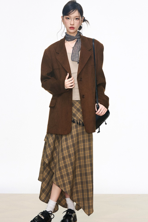 Retro Vintage Jacket / Tight Long Sleeve Top / Paid Asymmetric Skirt