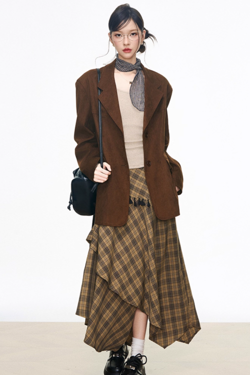 Retro Vintage Jacket / Tight Long Sleeve Top / Paid Asymmetric Skirt
