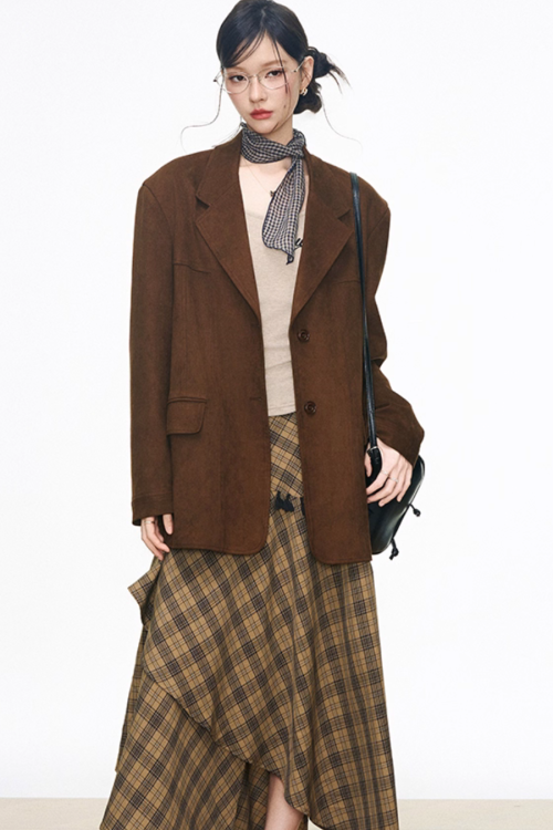 Retro Vintage Jacket / Tight Long Sleeve Top / Paid Asymmetric Skirt