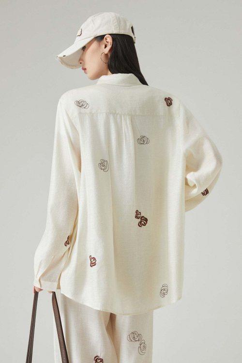 Rose Embroidered Long-Sleeve Shirt / Wide Pants