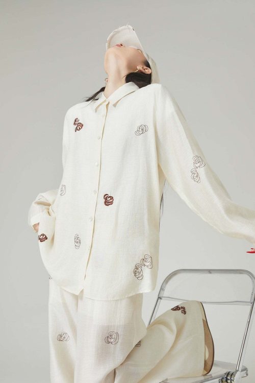 Rose Embroidered Long-Sleeve Shirt / Wide Pants