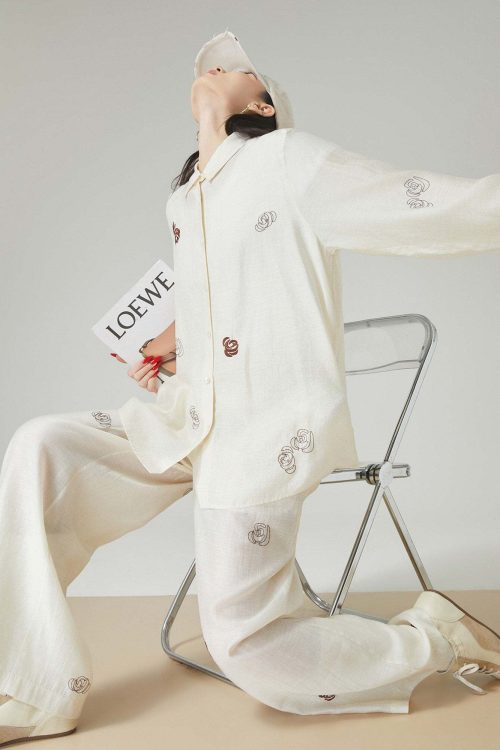 Rose Embroidered Long-Sleeve Shirt / Wide Pants