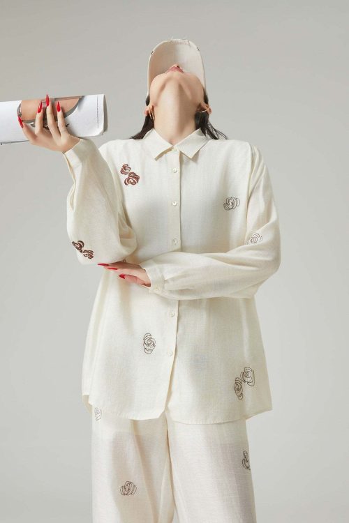 Rose Embroidered Long-Sleeve Shirt / Wide Pants