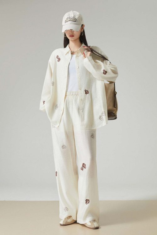 Rose Embroidered Long-Sleeve Shirt / Wide Pants