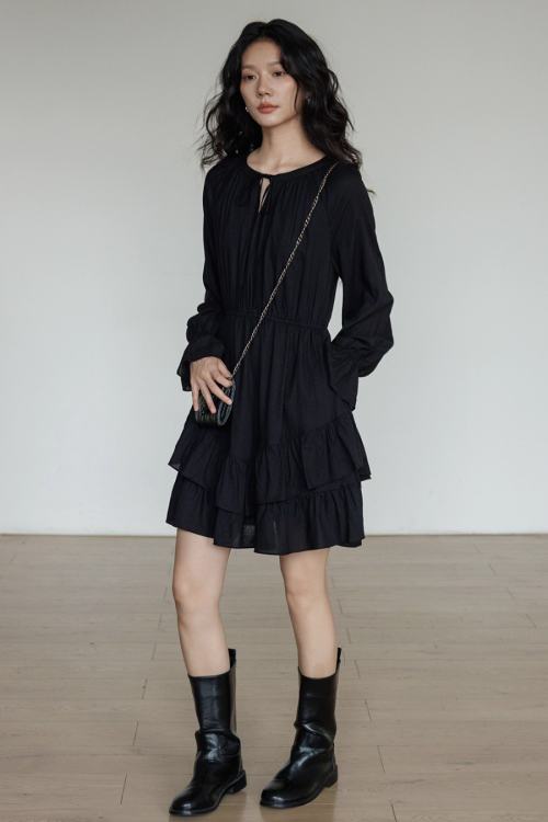 Round Neck Linen Long Sleeve Dress