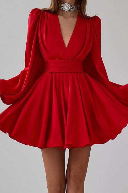 Ruched Puff Sleeve V Neck Waist Belt Satin A Line Mini Dress
