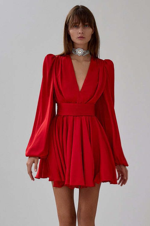 Ruched Puff Sleeve V Neck Waist Belt Satin A Line Mini Dress