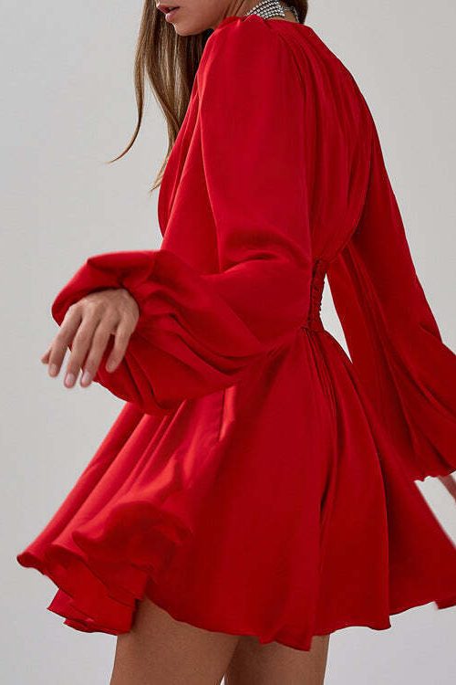 Ruched Puff Sleeve V Neck Waist Belt Satin A Line Mini Dress