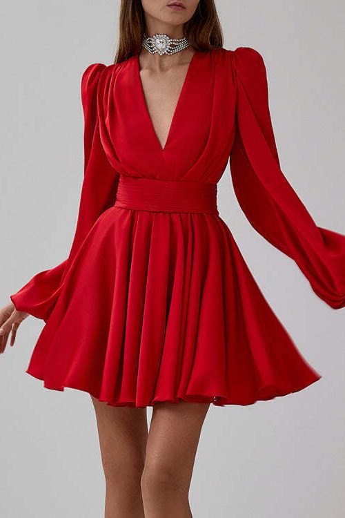 Ruched Puff Sleeve V Neck Waist Belt Satin A Line Mini Dress