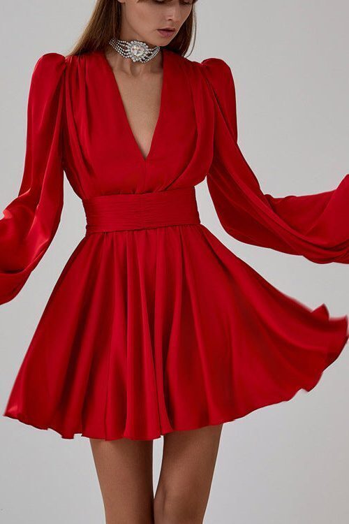 Ruched Puff Sleeve V Neck Waist Belt Satin A Line Mini Dress
