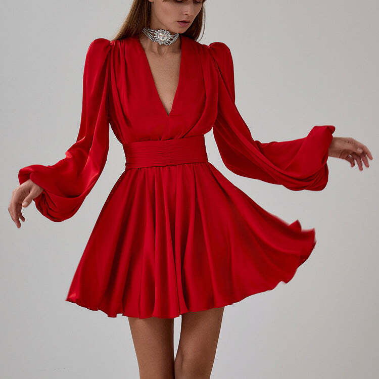 Ruched Puff Sleeve V Neck Waist Belt Satin A Line Mini Dress