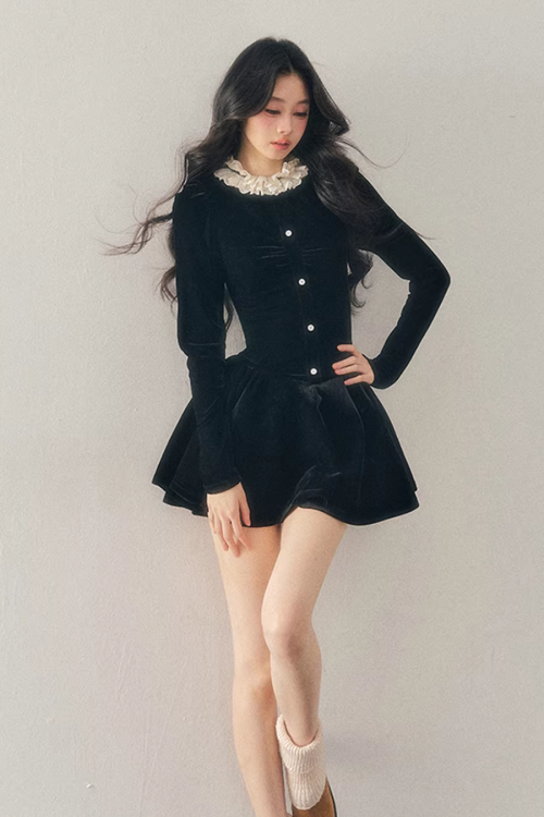 Ruffled Lace Velvet Dress