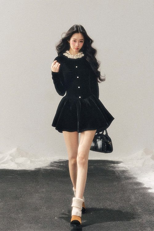 Ruffled Lace Velvet Dress