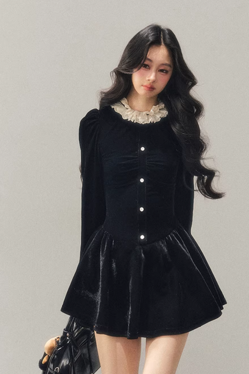 Ruffled Lace Velvet Dress
