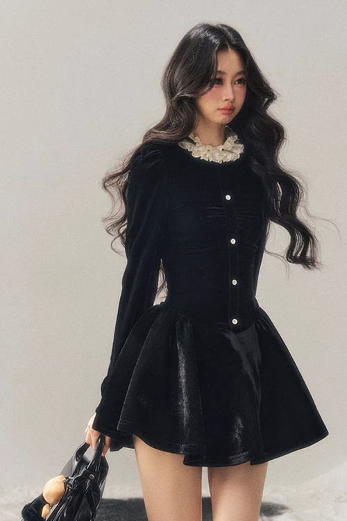 Ruffled Lace Velvet Dress