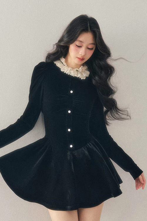 Ruffled Lace Velvet Dress