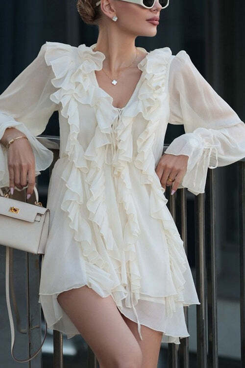 Ruffled Tie V Neck Long Sleeve A Line Mini Dress