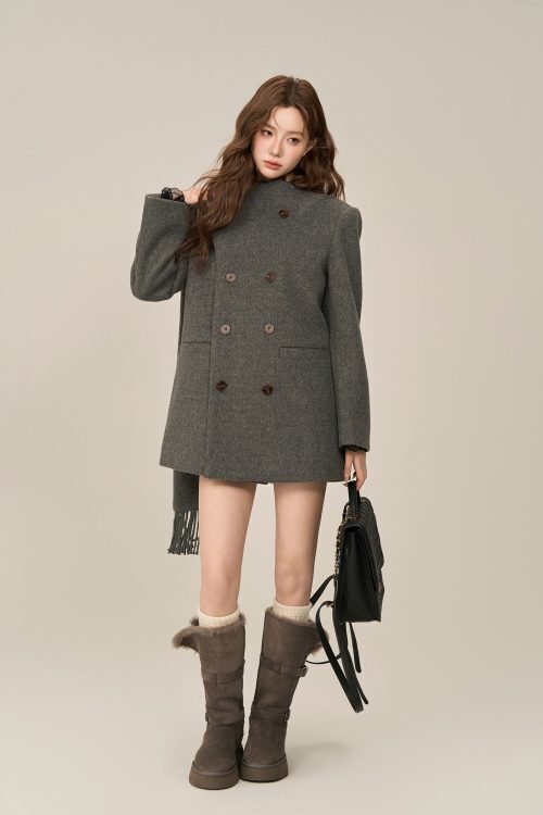 Scarf Collar Double Breasted Wool Coat