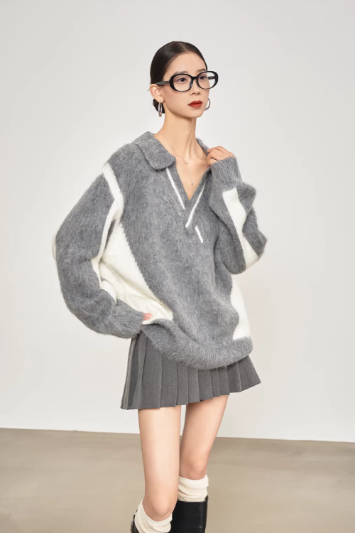 Shaggy V-Neck Knit Top / Pleated Mini Skirt
