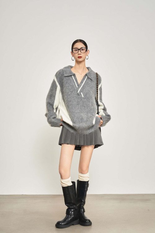 Shaggy V-Neck Knit Top / Pleated Mini Skirt