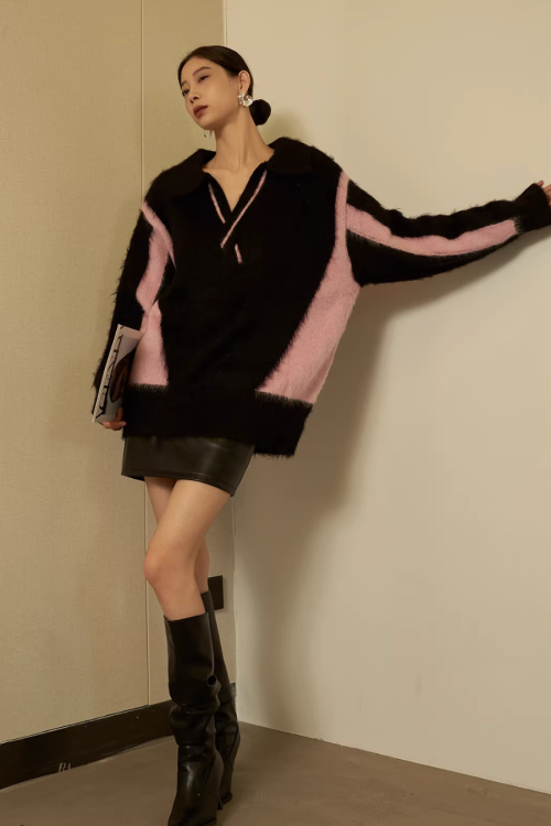 Shaggy V-Neck Knit Top / Pleated Mini Skirt