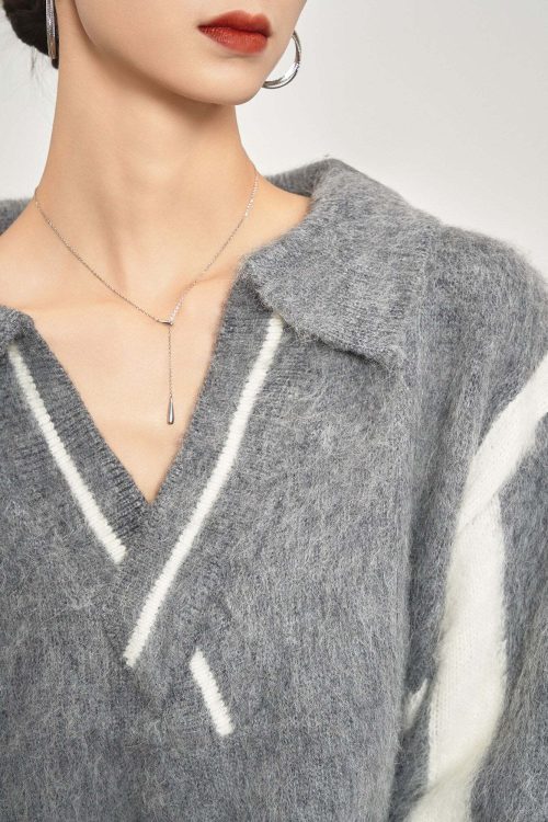 Shaggy V-Neck Knit Top / Pleated Mini Skirt