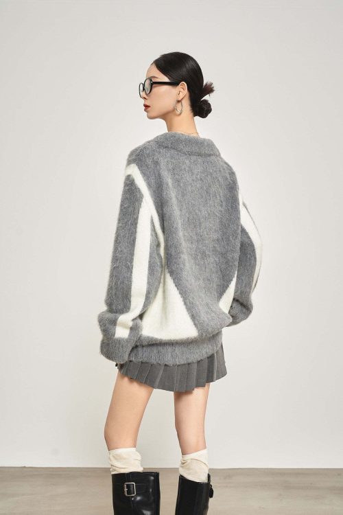 Shaggy V-Neck Knit Top / Pleated Mini Skirt