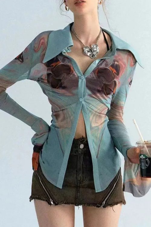 Sheer Button Up Mesh Shirt