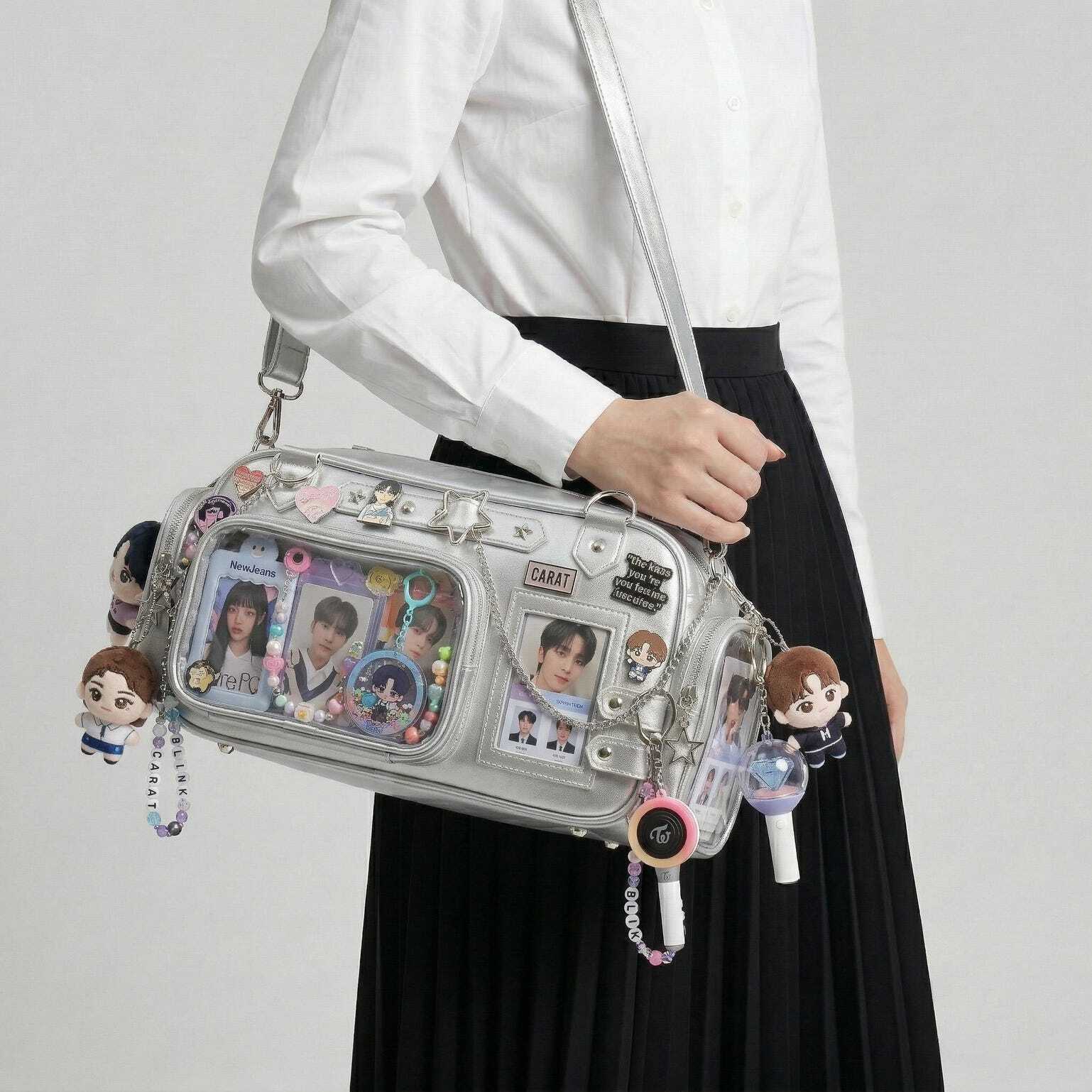 Silver Kawaii Y2K Convertible Ita Bag with Clear Window for Pin Display
