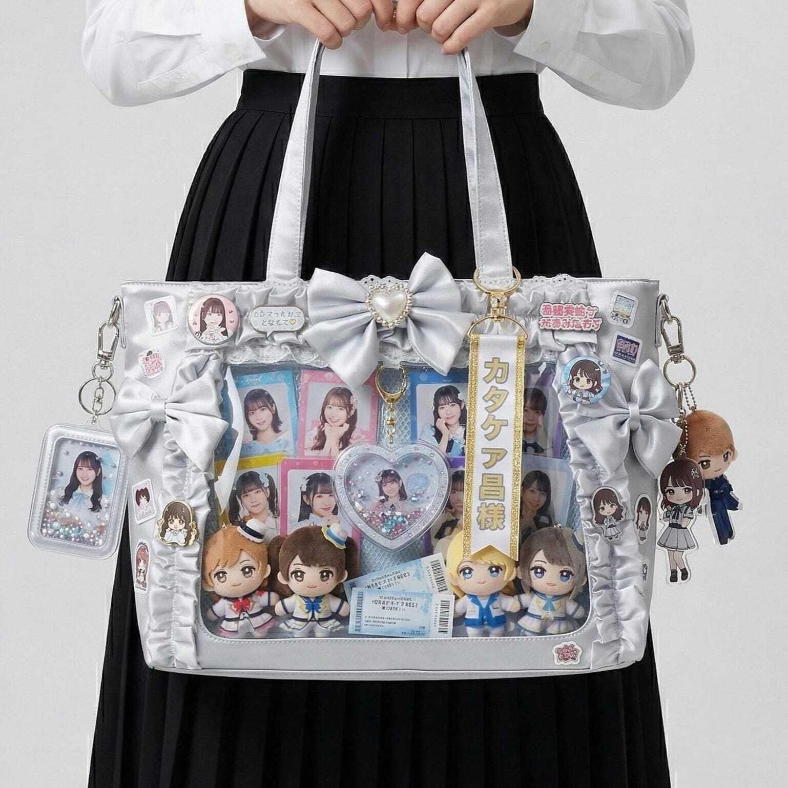 Silver Kawaii Y2K Ita Backpack with Clear Window for Pin Display