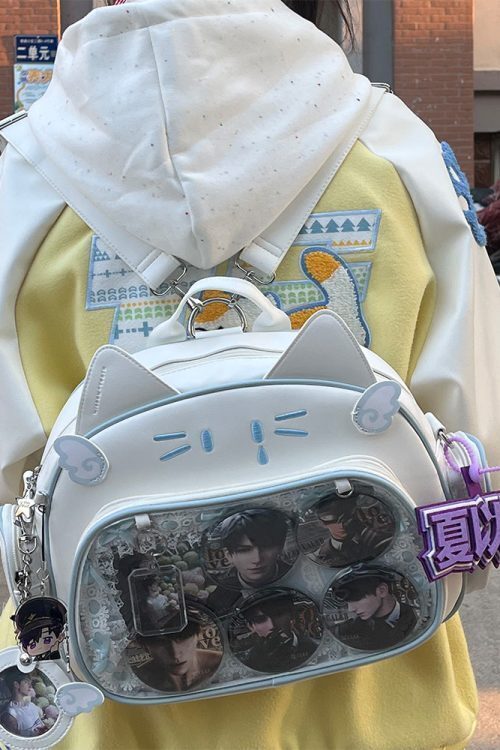 Silver Y2K Cat Backpack with Clear Window for Plushies and Pins
