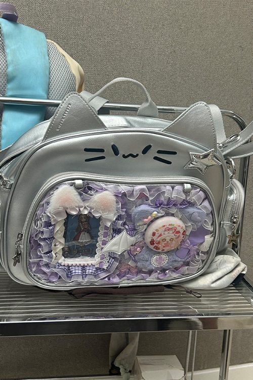 Silver Y2K Cat Backpack with Clear Window for Plushies and Pins