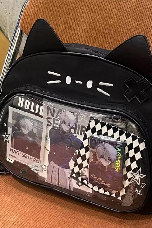 Silver Y2K Cat Backpack with Clear Window for Plushies and Pins